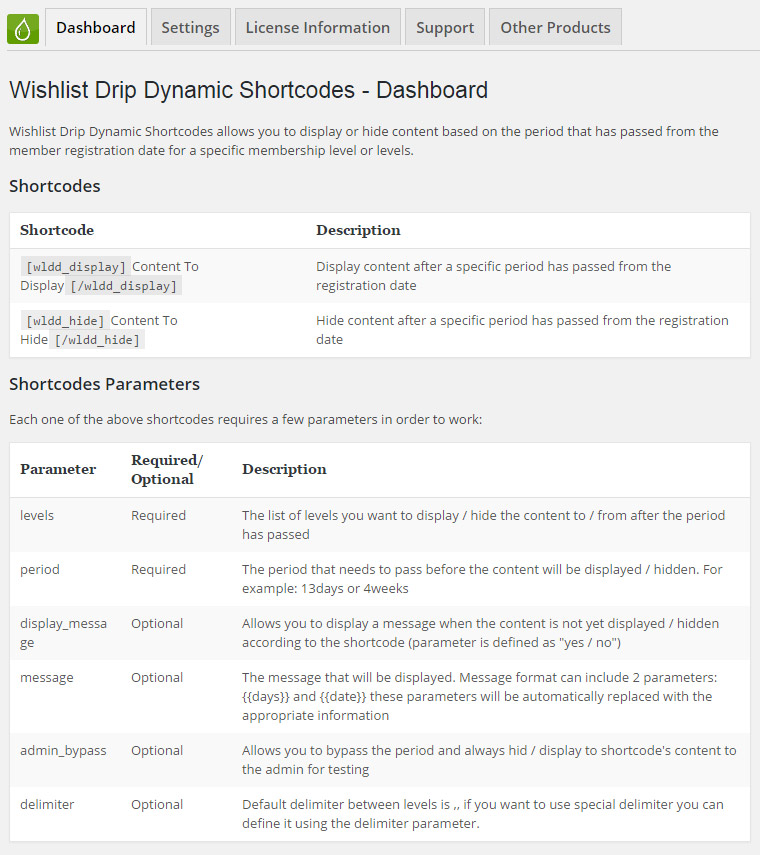 Wishlist Drip Dynamic Shortcodes - Dashboard