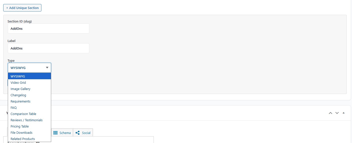 Adding unique sections to specific products