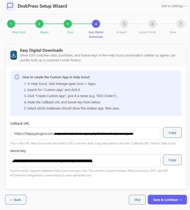 4. DeskPress Setup Wizard - Help Scout Easy Digital Downloads Integration