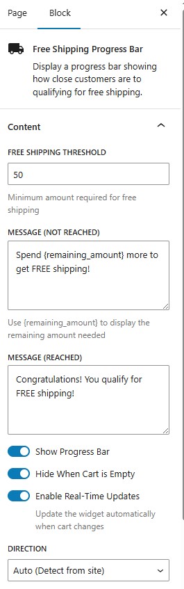 Elegant Free Shipping Progress Bar for WooCommerce - Content Settings