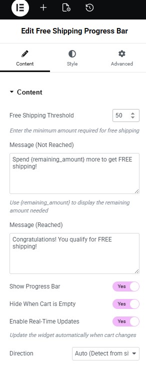 Elegant Free Shipping Progress Bar for WooCommerce Elementor Widget - Content Settings