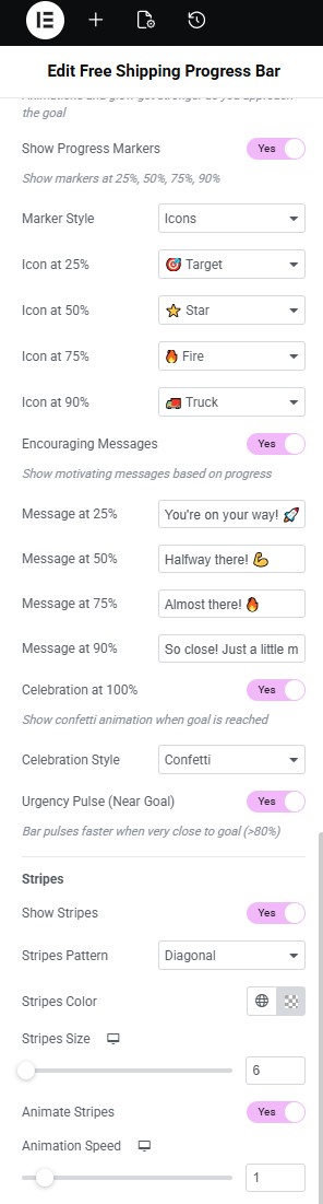 Elegant Free Shipping Progress Bar for WooCommerce Elementor Widget - Encouraging Messages Settings