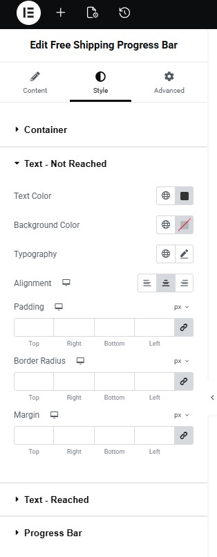 Elegant Free Shipping Progress Bar for WooCommerce Elementor Widget - Not Reached Free Shipping Text Settings