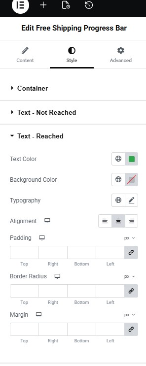 Elegant Free Shipping Progress Bar for WooCommerce Elementor Widget - Reached Free Shipping Text Settings