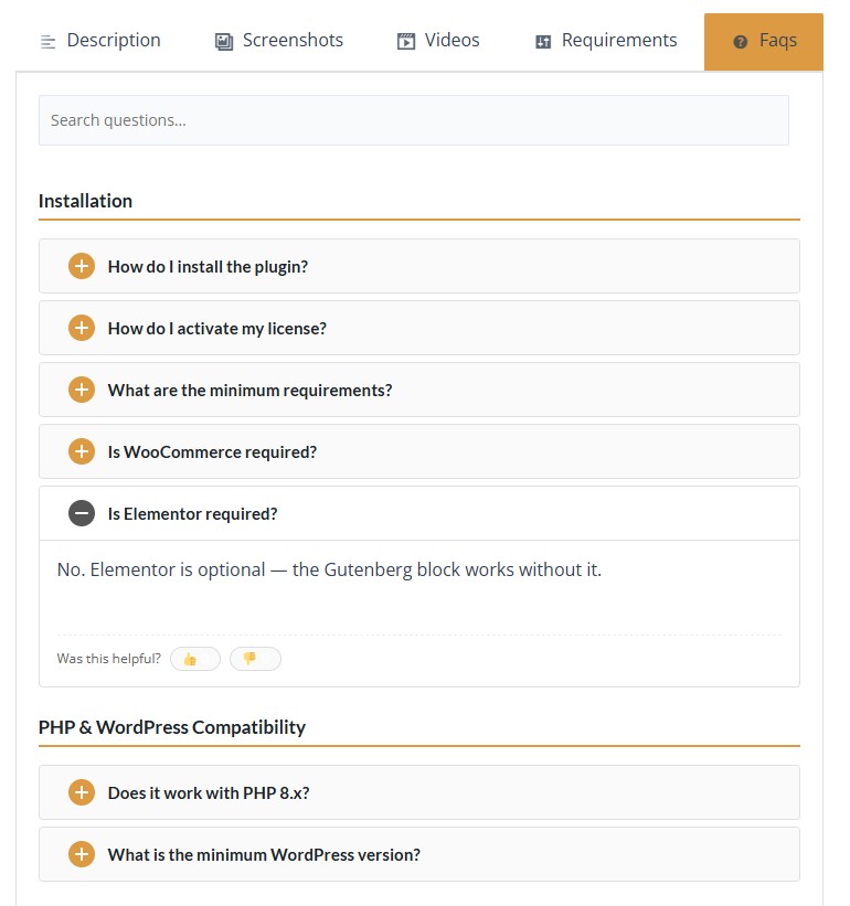 Product Blueprint frontend faqs tab view