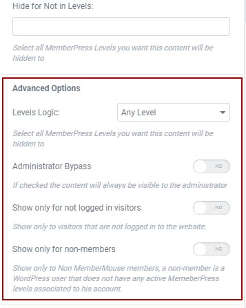 Screenshot 3 - Advanced Options MemberPress and Elementor