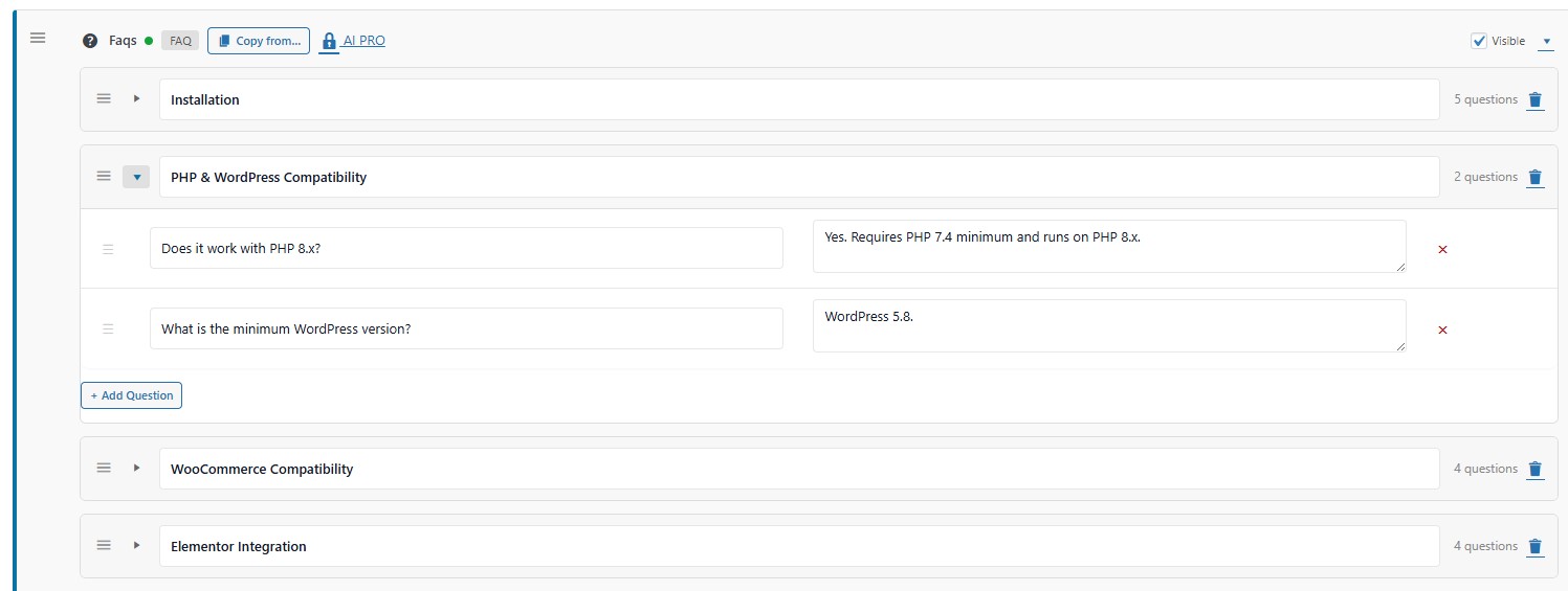 The faqs section divided to topics and inside the topic are the relevant questions