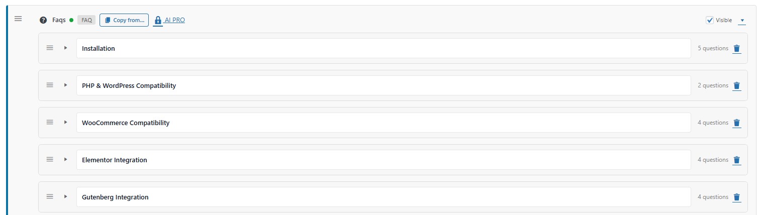 The faqs section divided to topics