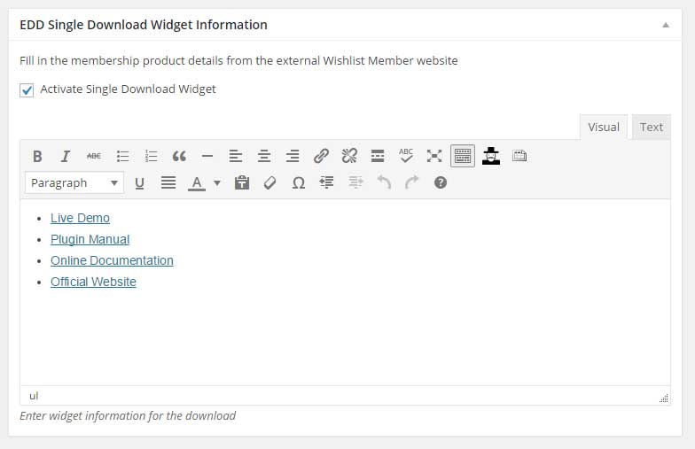 EDD Single Download Widget Information Meta box
