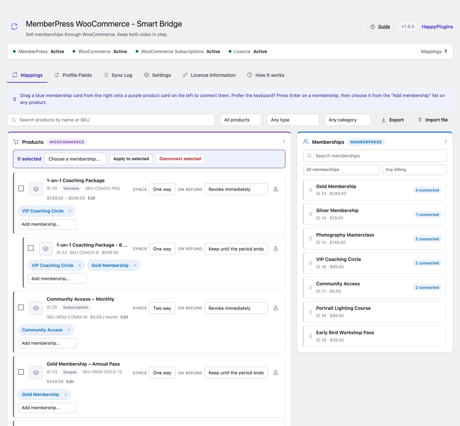 MemberPress WooCommerce - Smart Bridge - drag and drop mapping of WooCommerce products to MemberPress memberships