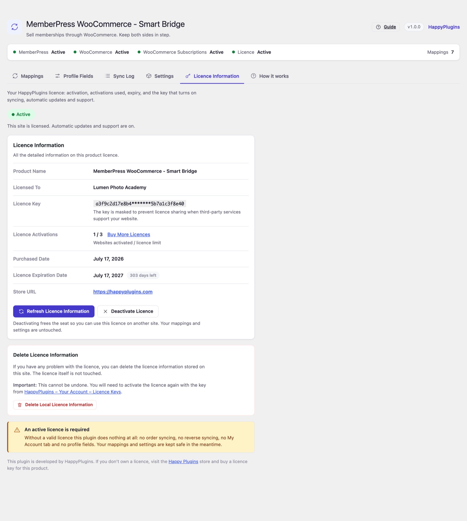 MemberPress WooCommerce - Smart Bridge - licence information tab