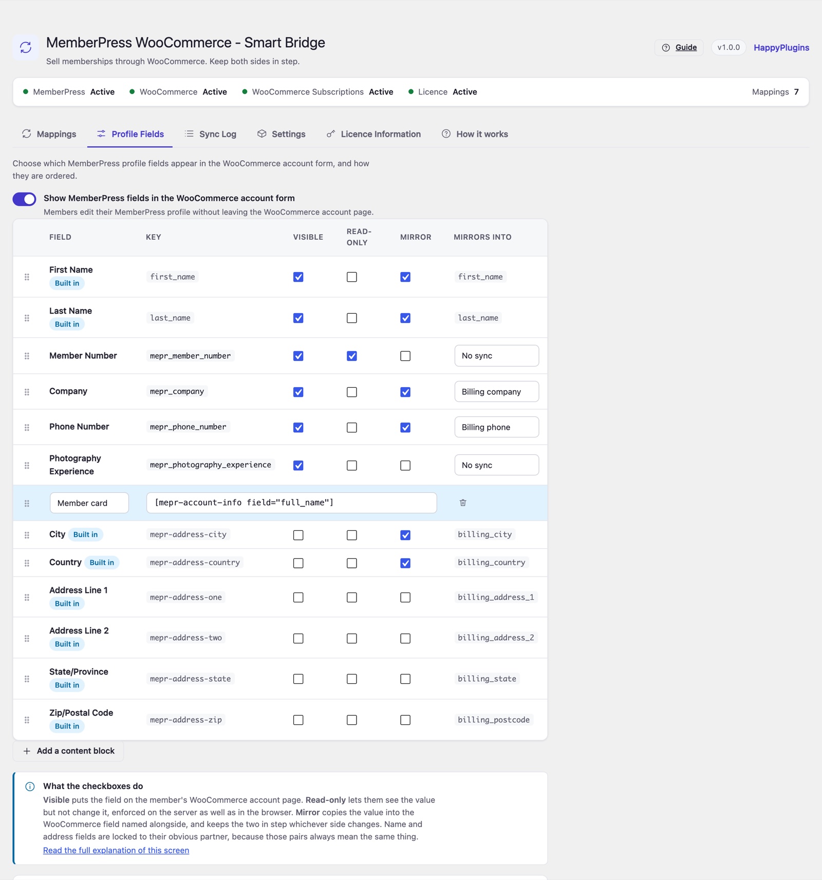 MemberPress WooCommerce - Smart Bridge - Profile Fields screen for MemberPress fields in the WooCommerce account form