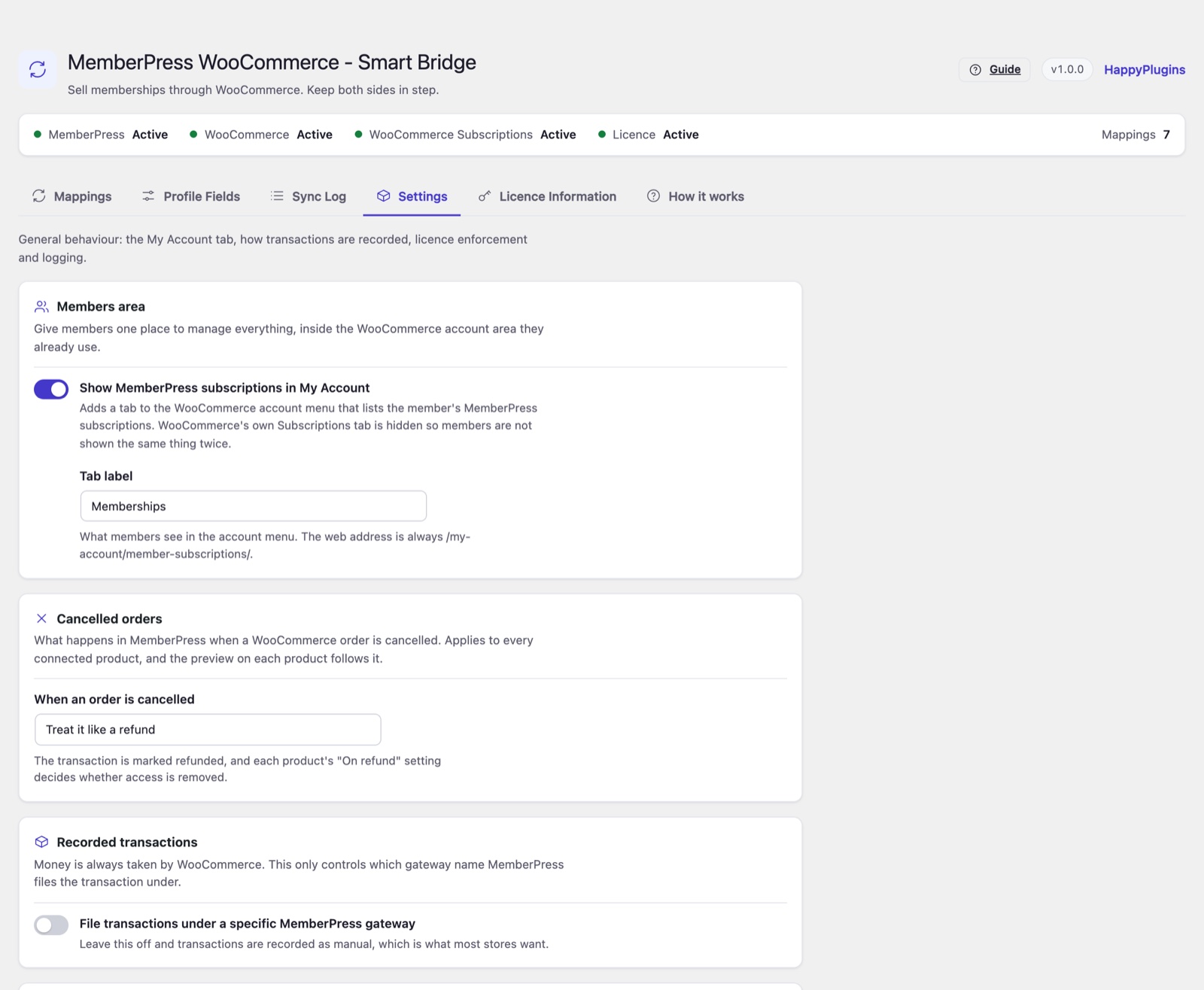 MemberPress WooCommerce - Smart Bridge - settings for the members area, cancelled orders and recorded transactions
