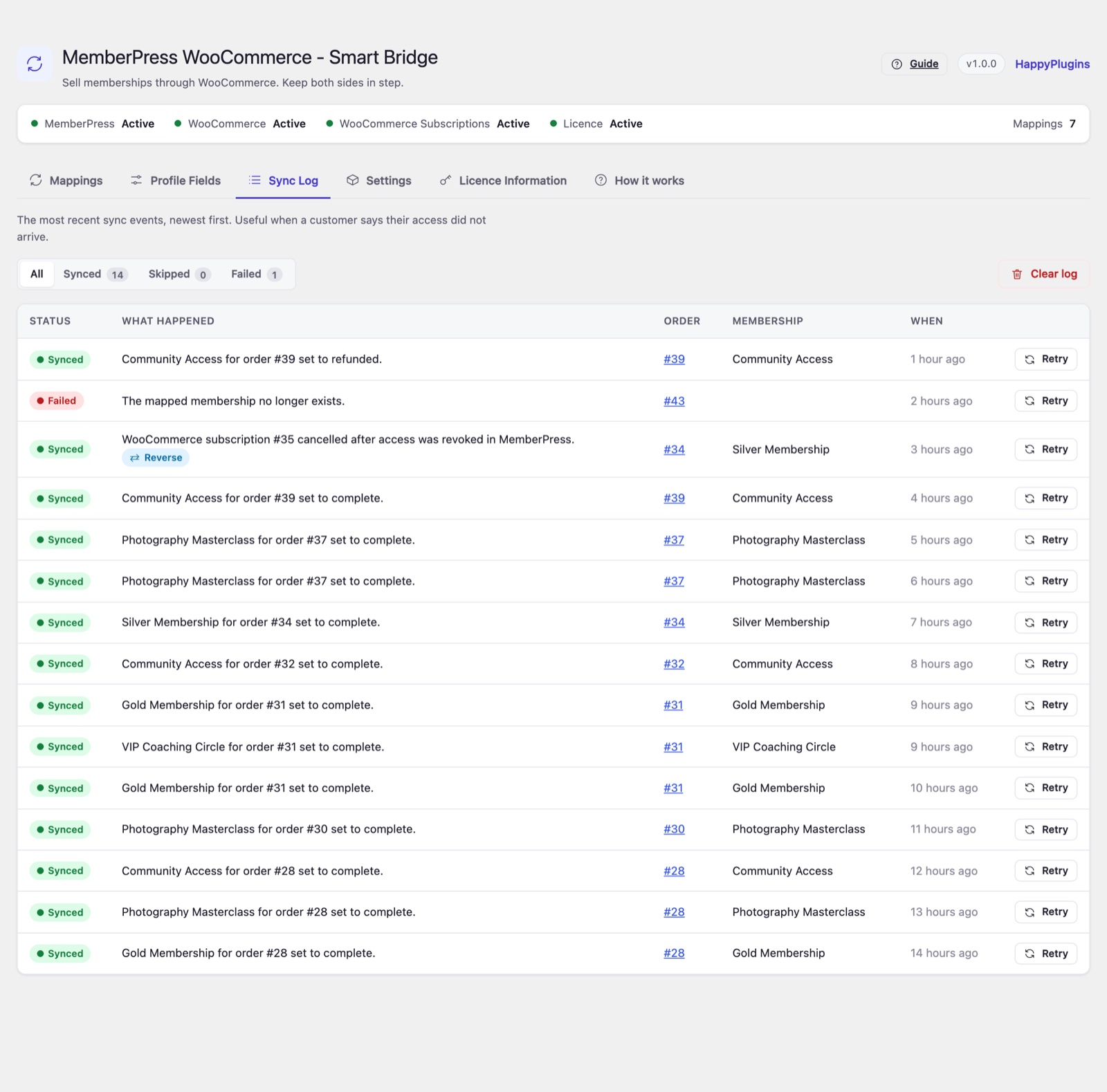 MemberPress WooCommerce - Smart Bridge - sync log with outcome filters and one-click retry